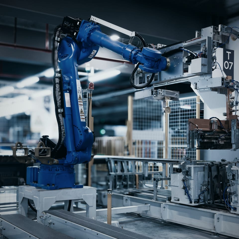 Brazo robótico industrial trabajando en una línea de fabricación automatizada, en una nave con iluminación fría
