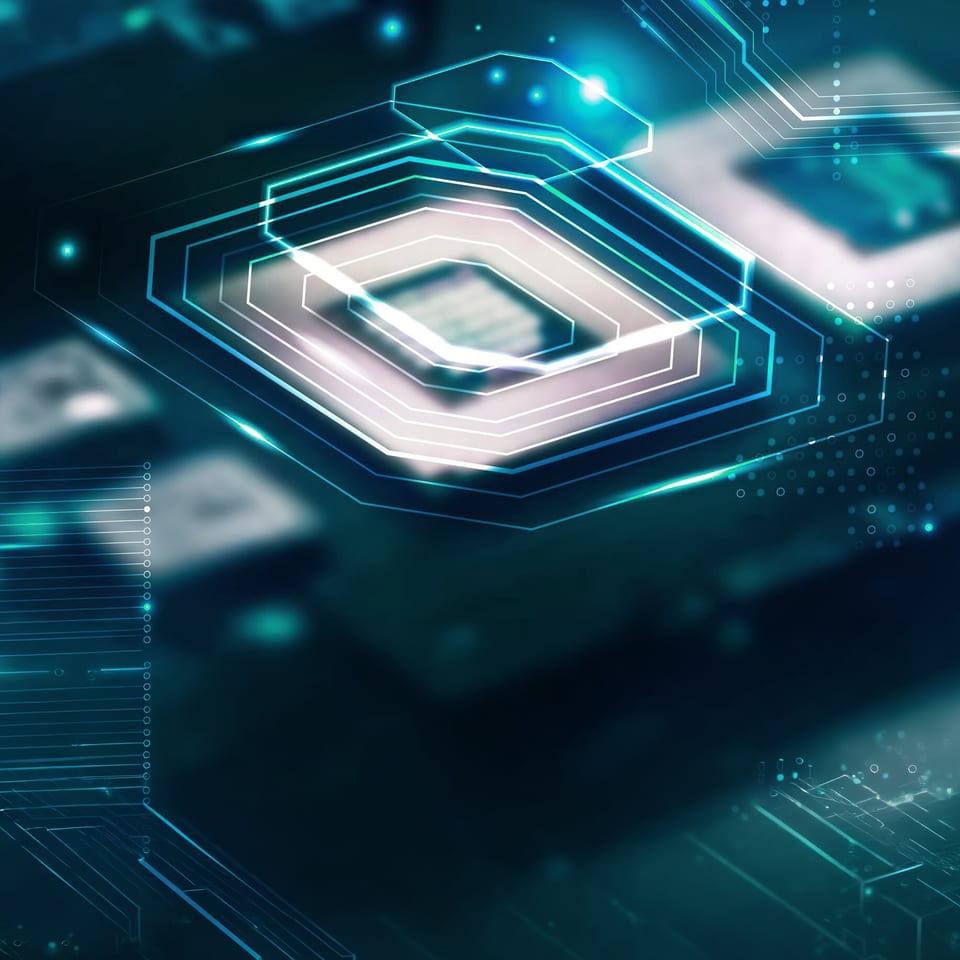 Ilustración futurista de un microchip con circuitos luminosos